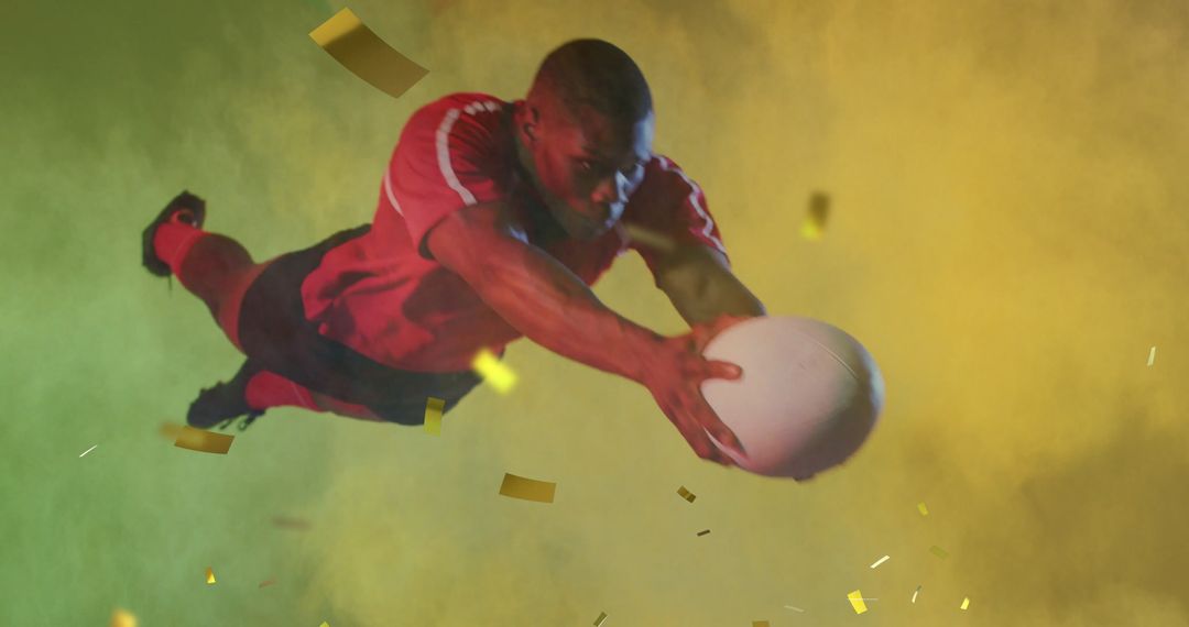 Dynamic Rugby Player Making Spectacular Dive in Confetti