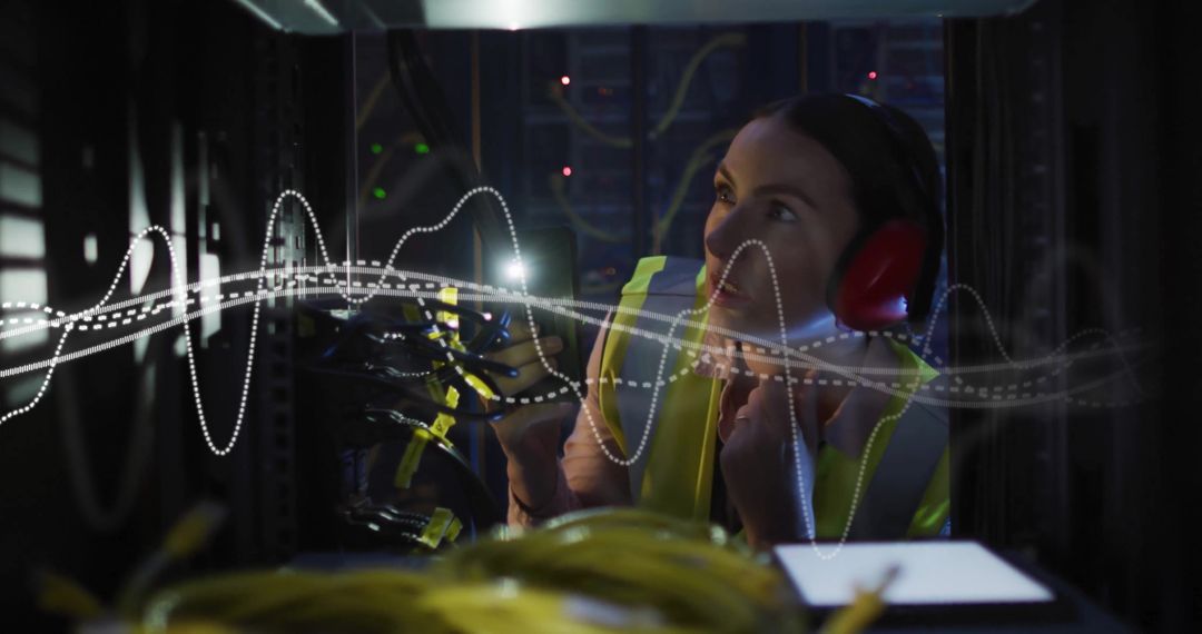Female Technician Analyzing Computer Servers in Data Center