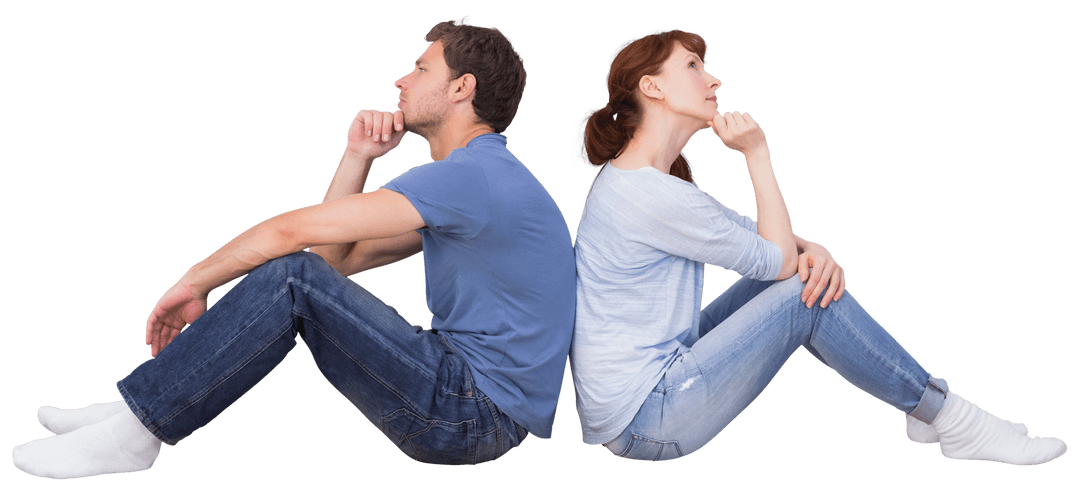 Thoughtful Caucasian Couple Sitting Back to Back on Transparent Background