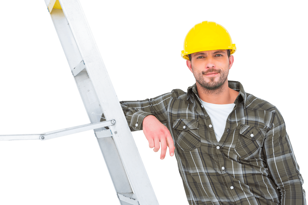 Confident Handyman with Ladder on Transparent Background