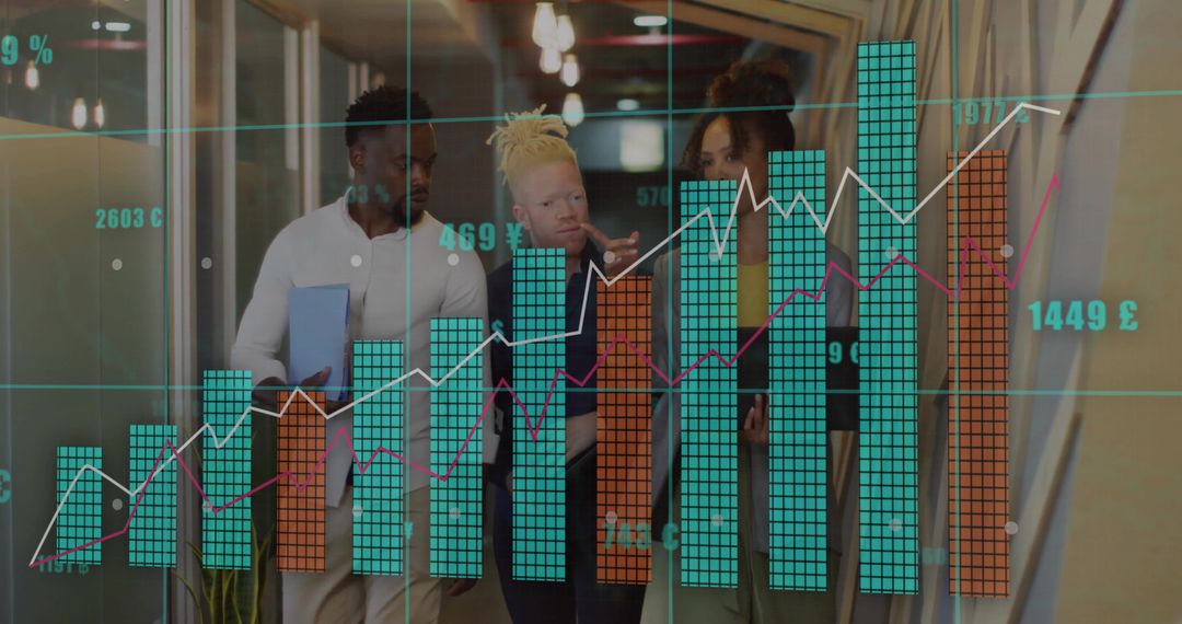 Diverse Team Analyzing Data with Digital Chart Overlay