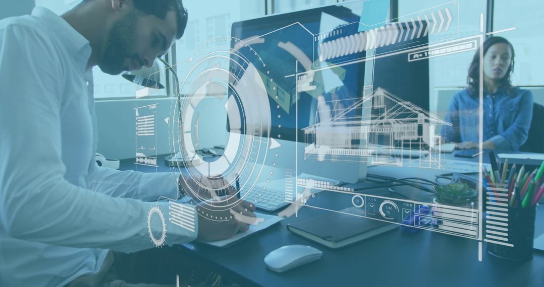 Diverse Professionals Analyzing Financial Data with Futuristic Graphics