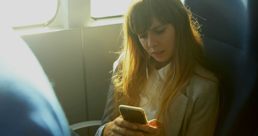 Young Businesswoman Commuting and Using Smartphone on Train - Free Images, Stock Photos and Pictures on Pikwizard.com