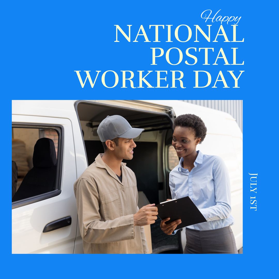 Happy National Postal Worker Day Graphic with Delivery Man Interacting with Client - Download Free Stock Templates Pikwizard.com