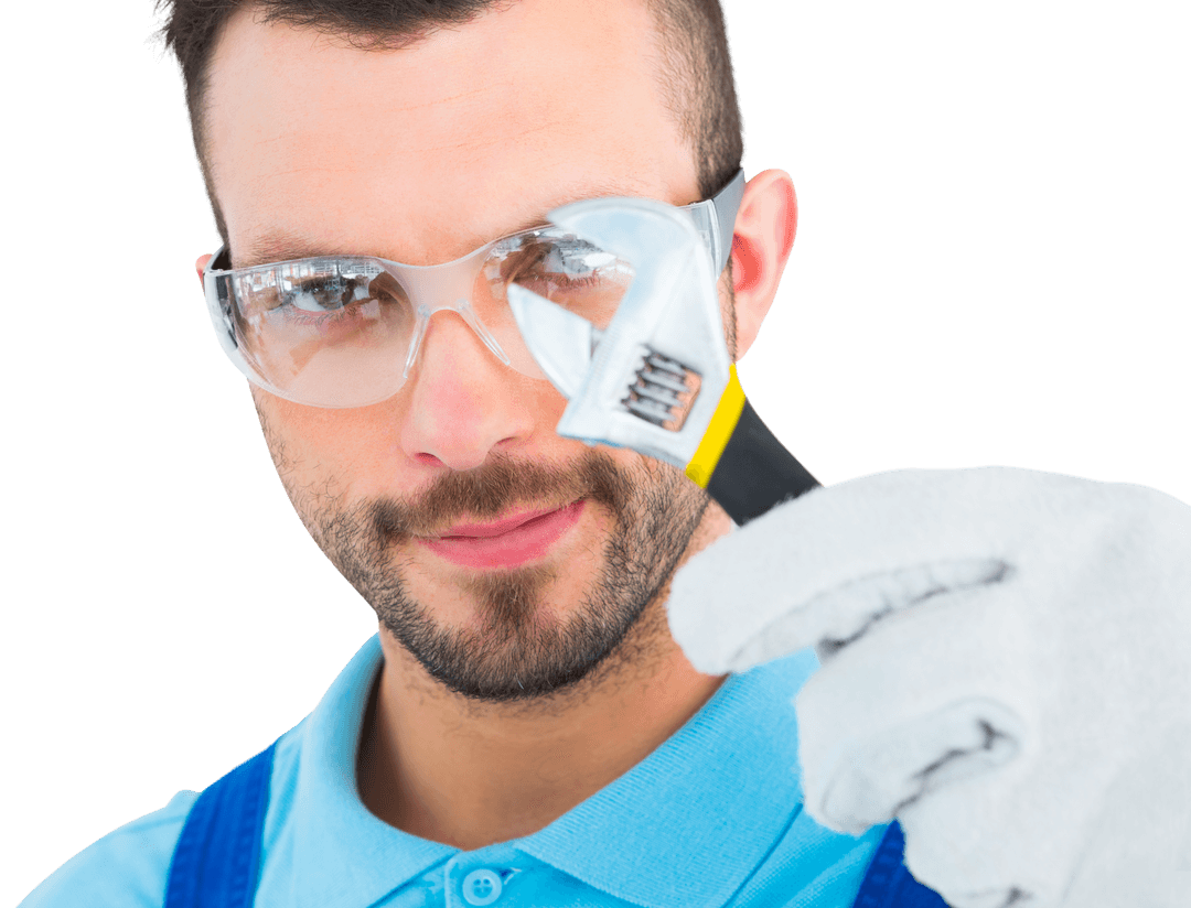 Repairman with Adjustable Wrench Glance Through Safety Glasses