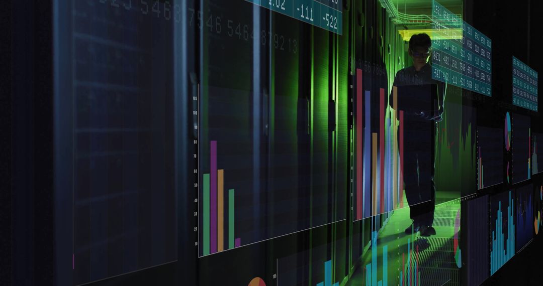 IT Engineer Analyzing Holographic Data in Futuristic Server Corridor