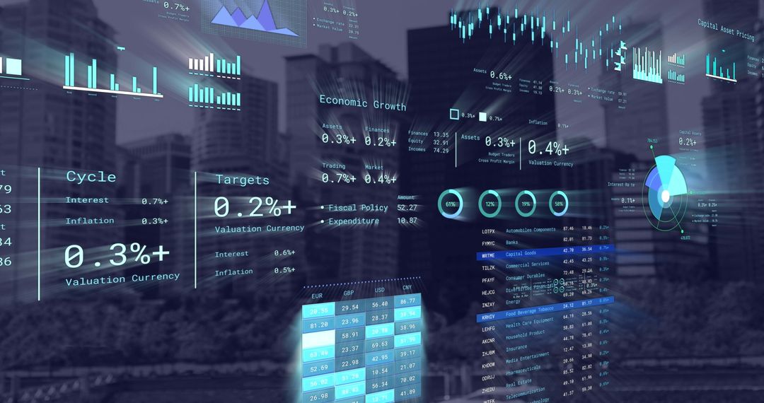 Futuristic Financial Data Overlaying Cityscape