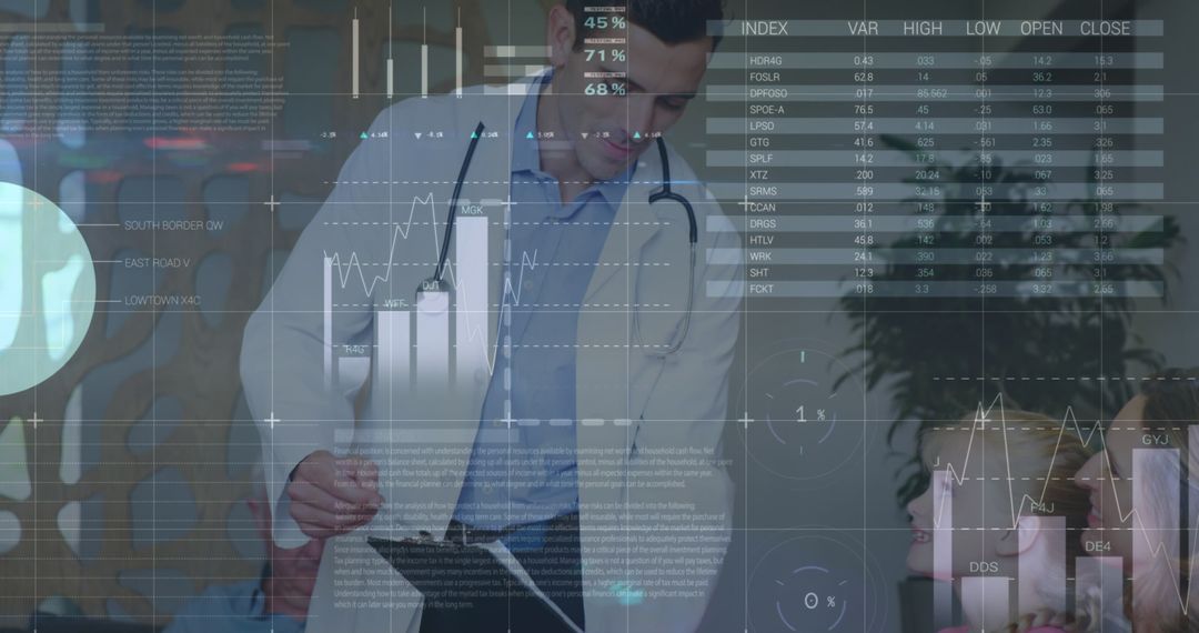 Doctor Analyzing Data with Patients and Financial Graphs Overlay