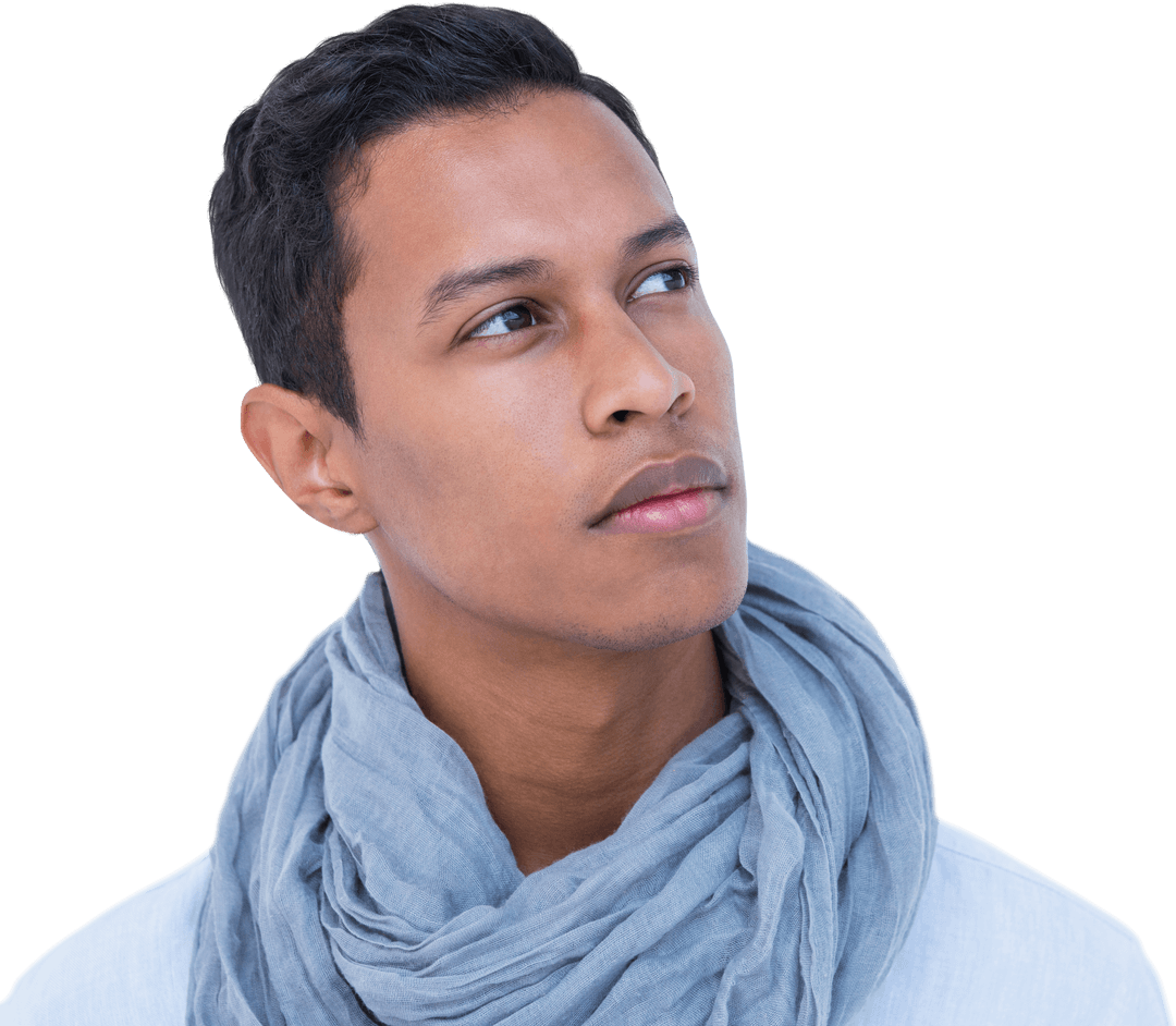 Thoughtful Man with Scarf Looking Away on Transparent Background