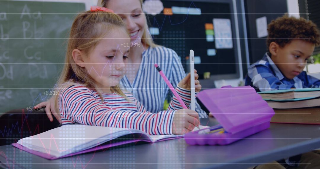 Teacher Guiding Primary Student Writing with Tablet Stylus in Classroom Learning