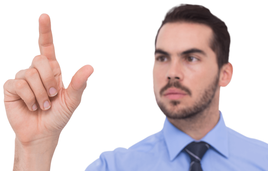 Serious Businessman Measuring with Fingers Transparent