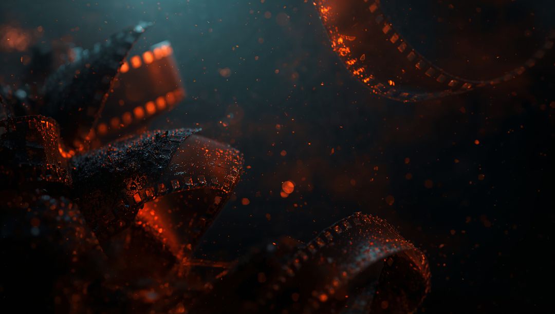 Floating Film Strips Drifting with Magical Glow in Cinematic Space