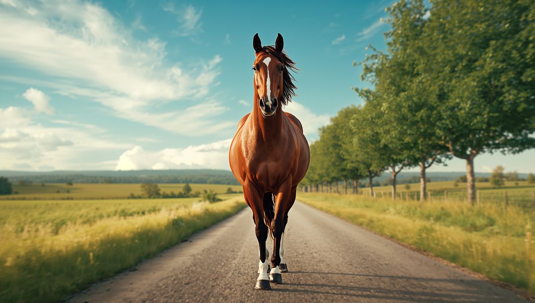 Chestnut Horse Walking on Rural Road with Trees and Fields