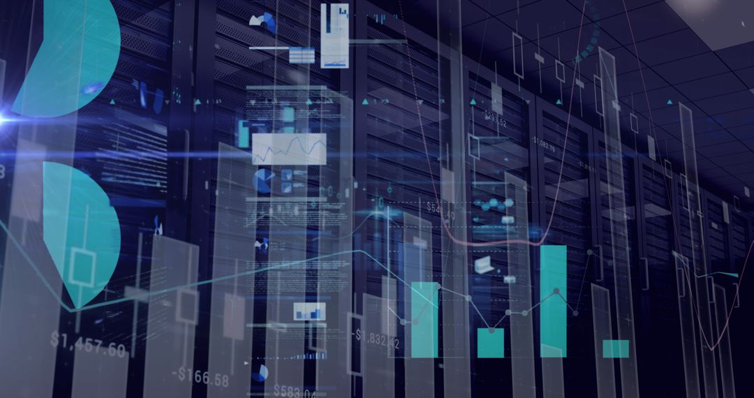 Digital Data Analytics Overlay on Modern Server Room