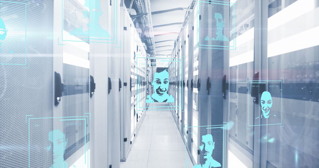 Digital Profile Icons and Data Flow in Modern Server Room