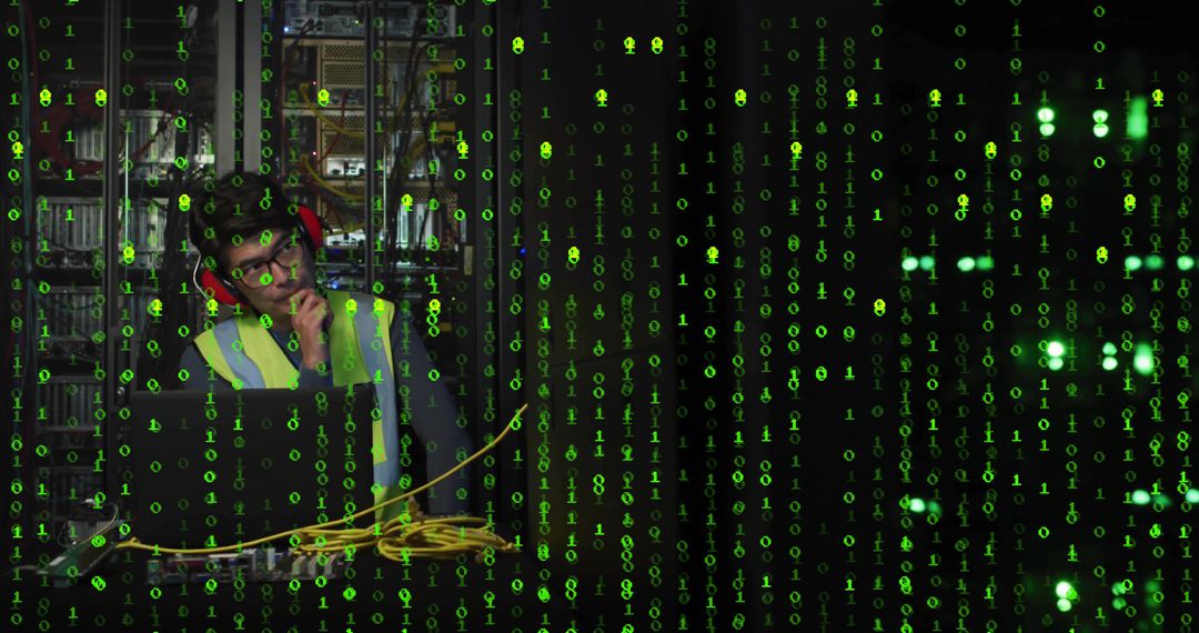 Technician in Server Room Managing Data Through Digital Interface