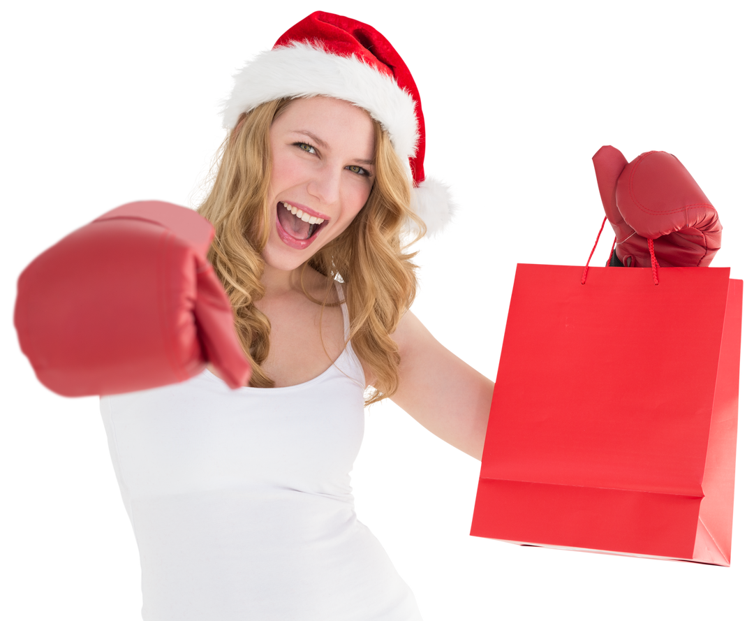 Festive Blonde Woman Wearing Boxing Gloves Holding Red Shopping Bag on Transparent Background - Download Free Stock Images Pikwizard.com