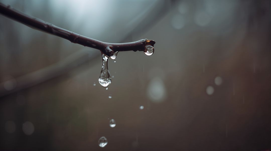 Dripping Twig Releasing Crystal Water Droplets in Moody Forest Macro Bokeh Closeup