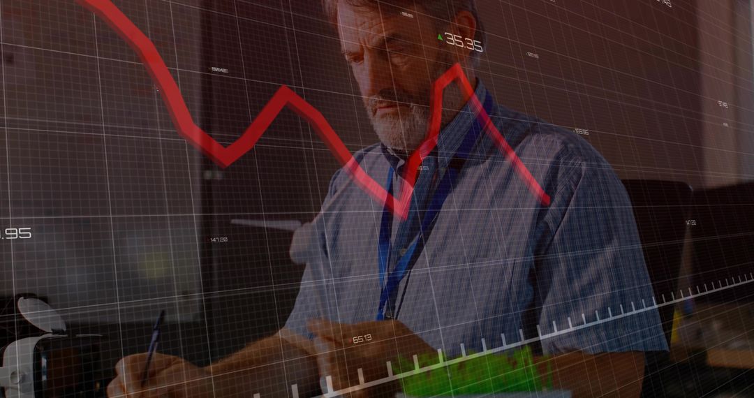Senior Analyst Analyzing Financial Data with Graphical Overlay