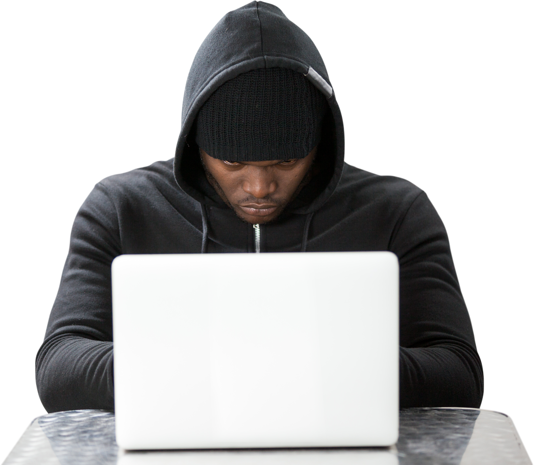 Focused Male Hacker in Black Hoodie Using White Laptop, Transparent Background - Download Free Stock Images Pikwizard.com