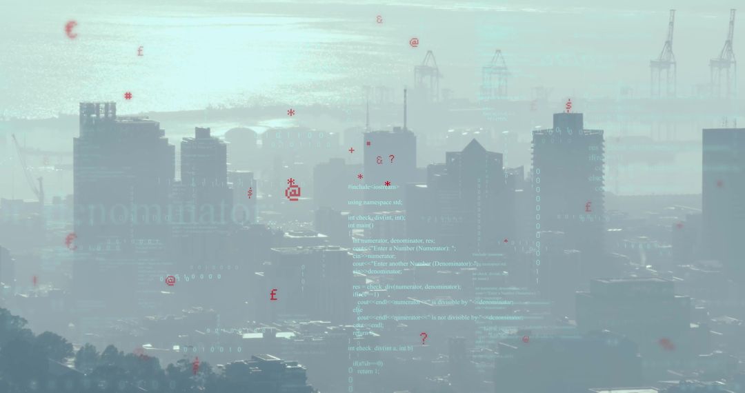 Cyberpunk Skyscrapers with Digital Code Overlay Harbor