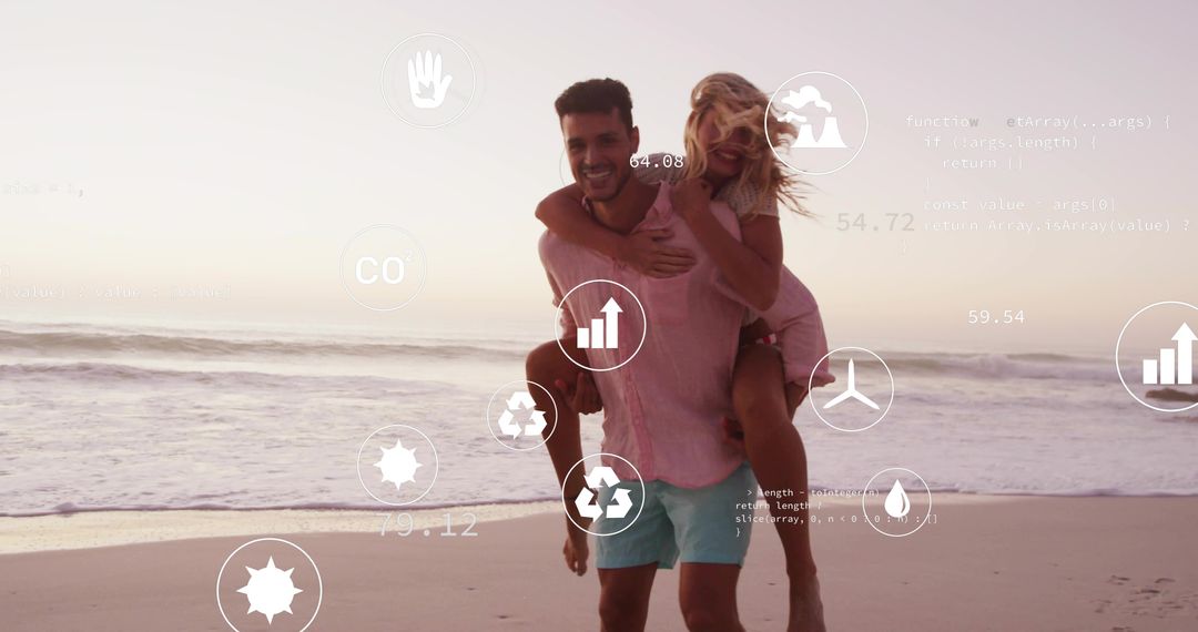 Couple Enjoying Beach Sunset with Digital Technology Overlay