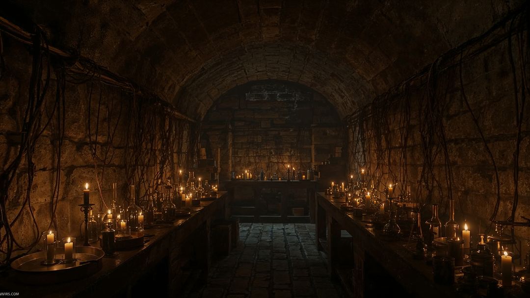 Frankenstein ancient stone vault lit by flickering candlelight