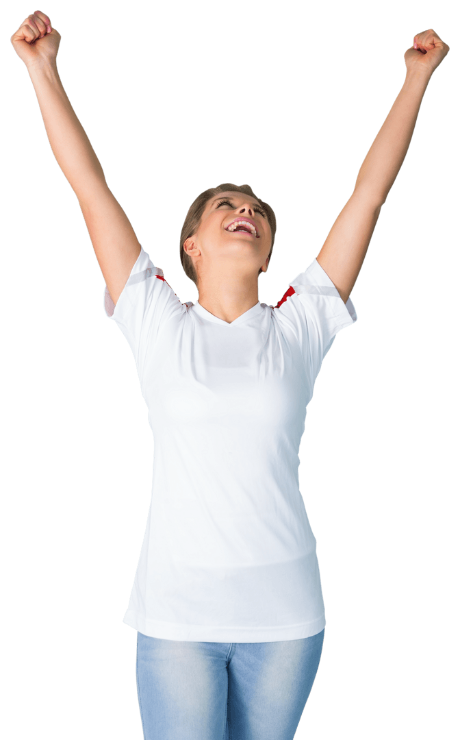 Joyful Woman Cheering with Arms Raised on Transparent Background
