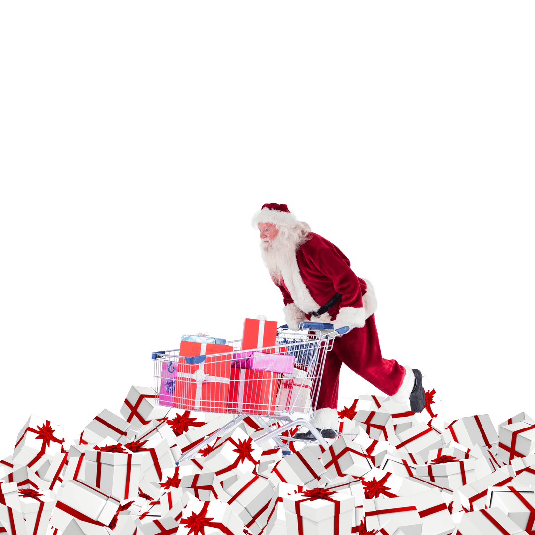 Santa Pushing Cart of Gifts on White Transparent Background