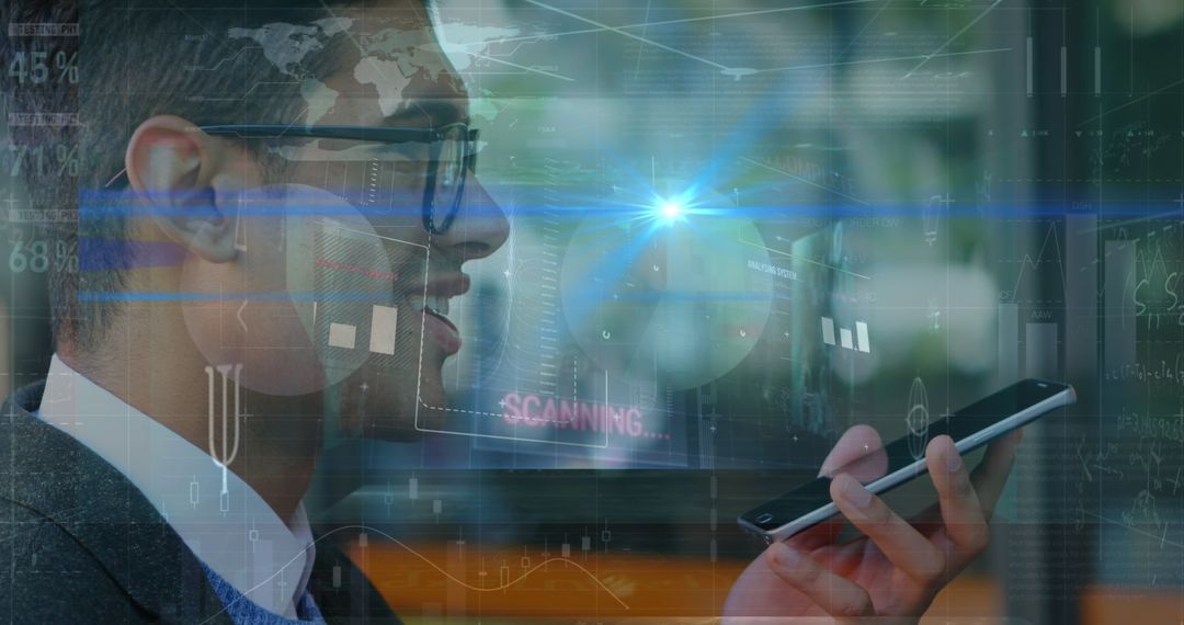 Businessman Analyzing Data with Smartphone and Virtual Display