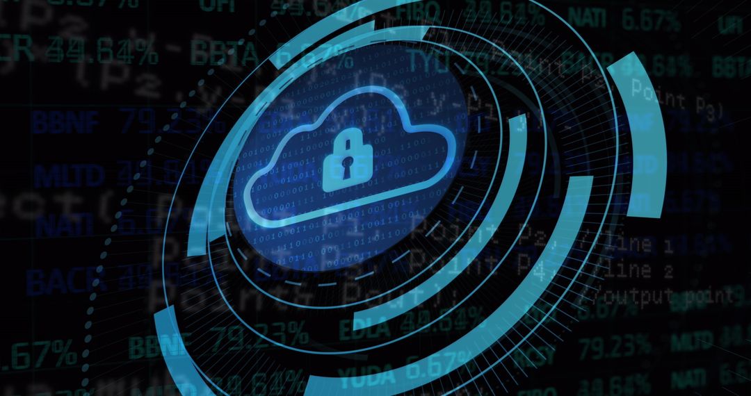 Futuristic Cloud Security Interface with Rotating Padlock Icon