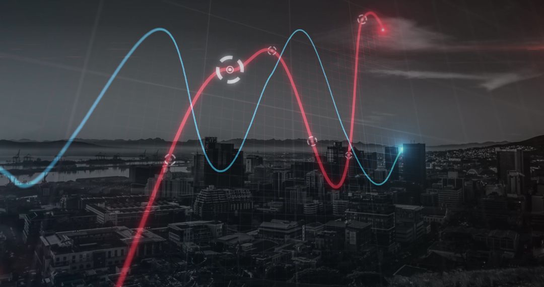 Neon Statistical Data Over Cityscape Reflecting Technology Trends