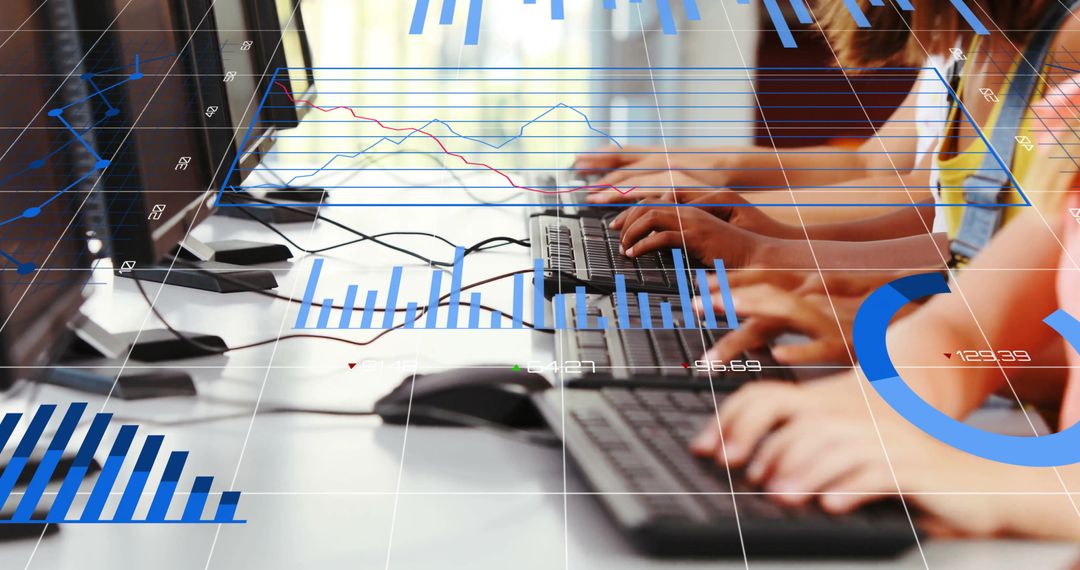 Schoolchildren Typing with Overlay of Financial Charts and Data