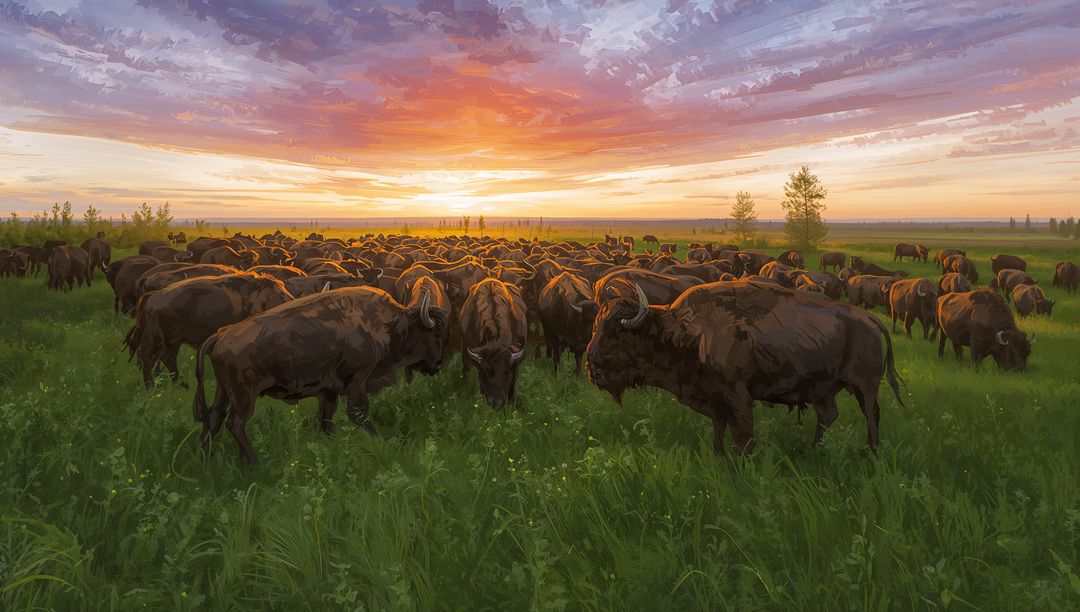 Bison Herd Grazing on Prairie at Sunset with Dramatic Layered Clouds and Golden Light