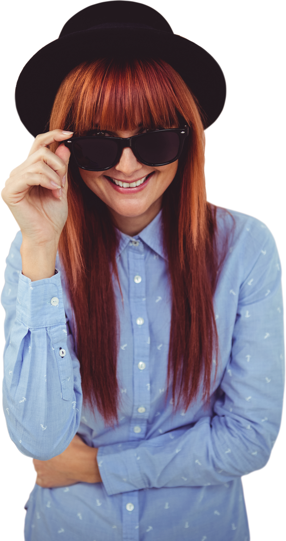 Transparent Background Smiling Hipster Woman with Red Hair in Hat and Sunglasses - Download Free Stock Images Pikwizard.com