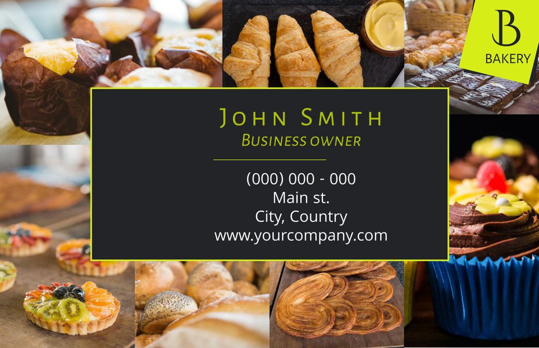 Gourmet Shop Owner Business Card Template with Baked Goods Background - Download Free Stock Templates Pikwizard.com