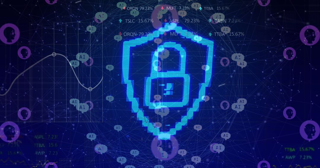 Digital Security Concept with AI Icons and Padlock Symbol