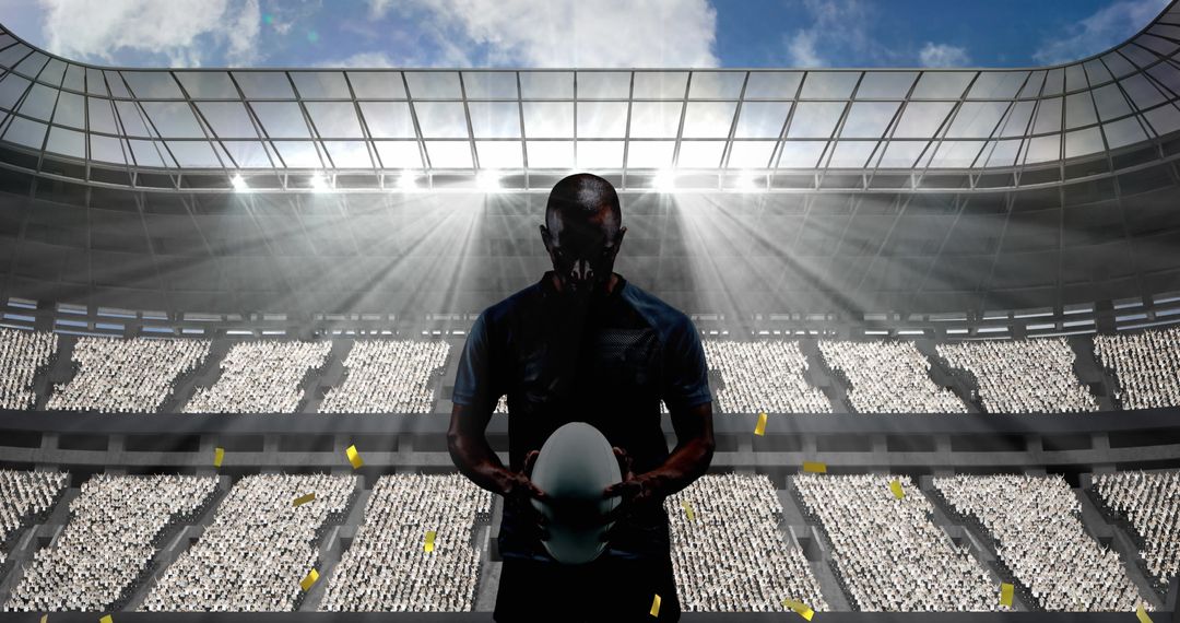 Rugby Player Silhouette with Golden Confetti in Stadium
