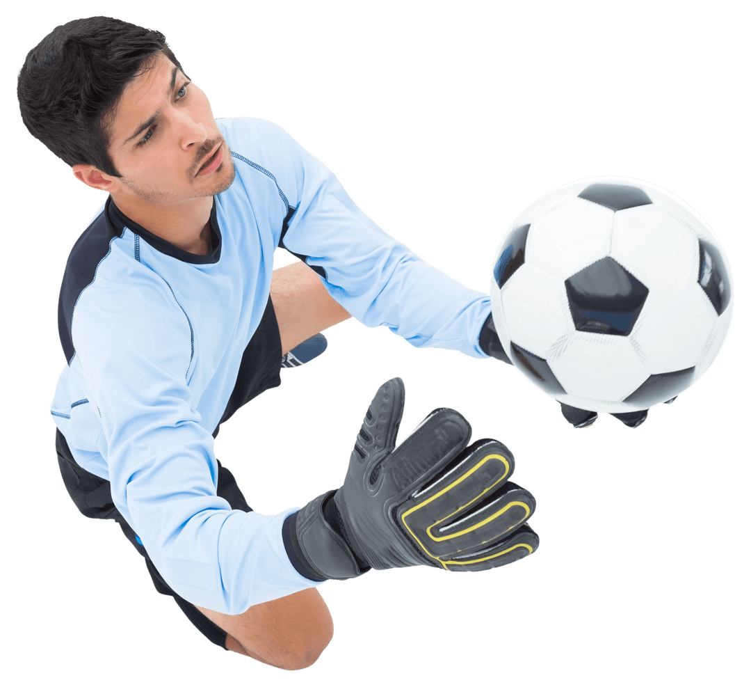 Biracial Goalkeeper Catching Soccer Ball on Transparent Background