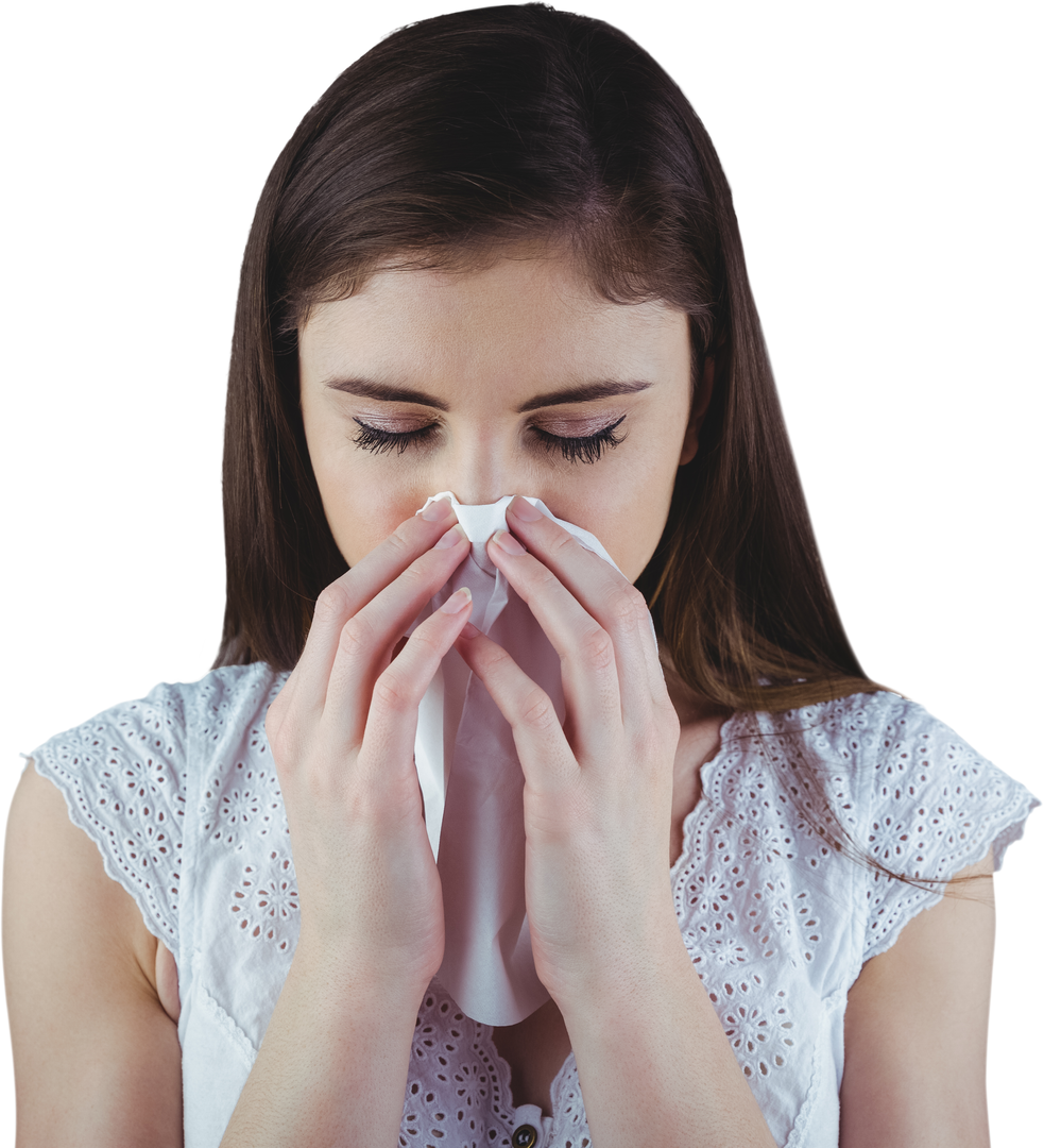 Young Woman Blowing Nose in Tissue Transparent Background - Download Free Stock Images Pikwizard.com