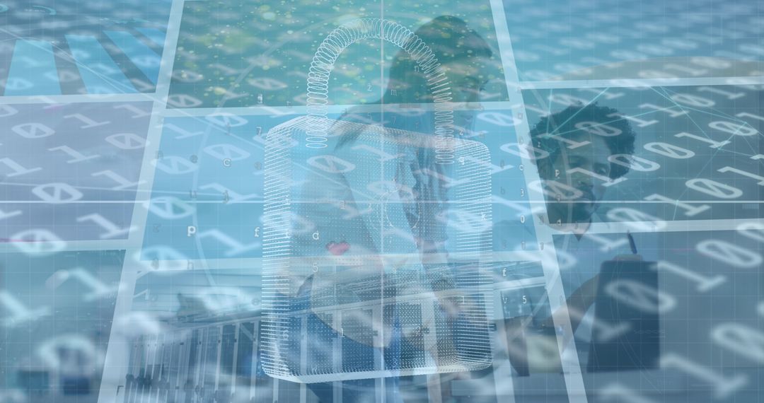 Cybersecurity Concept with Digital Padlock and Office Coworkers