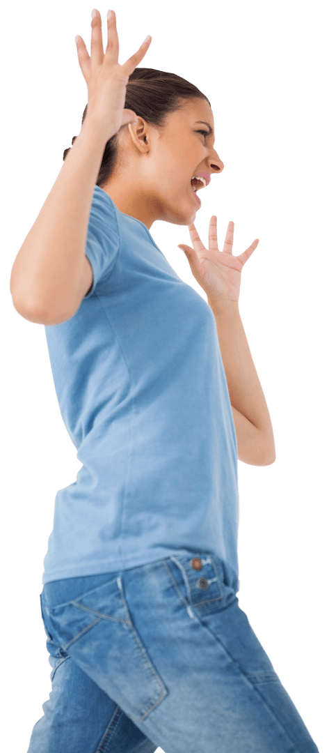 Transparent Angry Woman with Raised Hands Expressing Displeasure