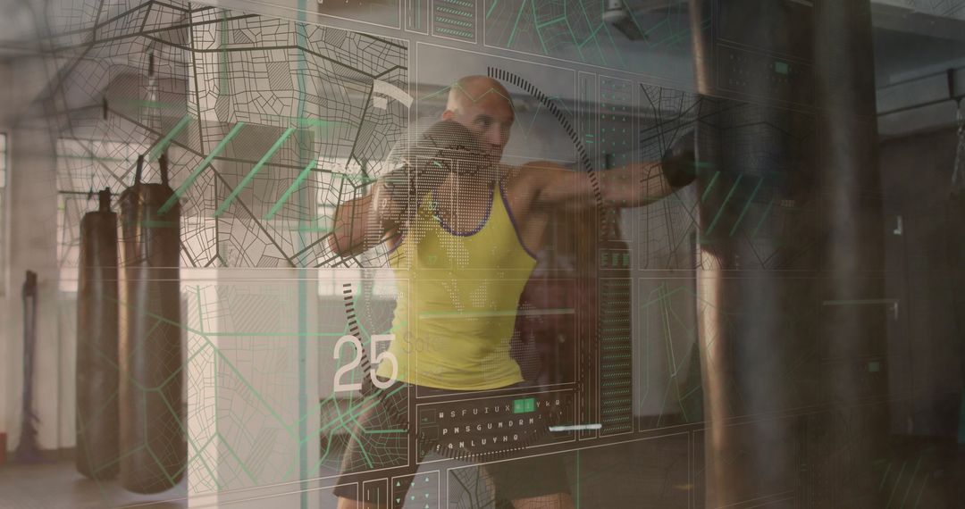 Boxer in Yellow Tank Focused on Intense Bag Training in Futuristic Gym