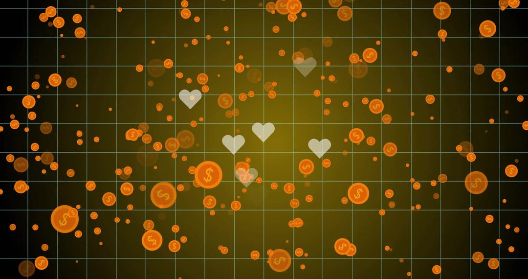 Floating Dollar Symbols and Hearts on Green Digital Interface