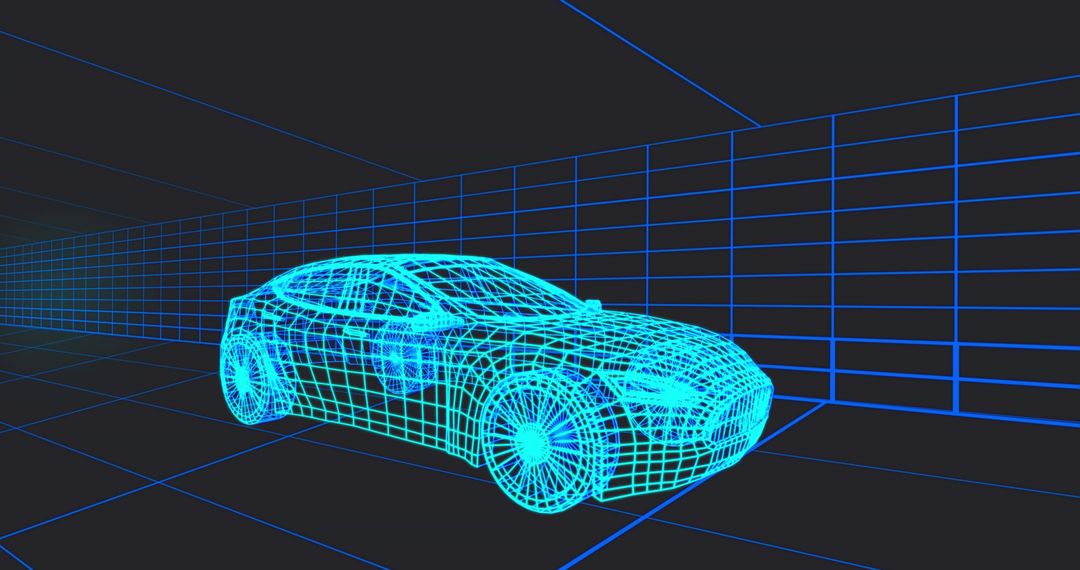 Neon Wireframe Sedan in 3D Grid — Futuristic Digital Car Blueprint and Design Concept