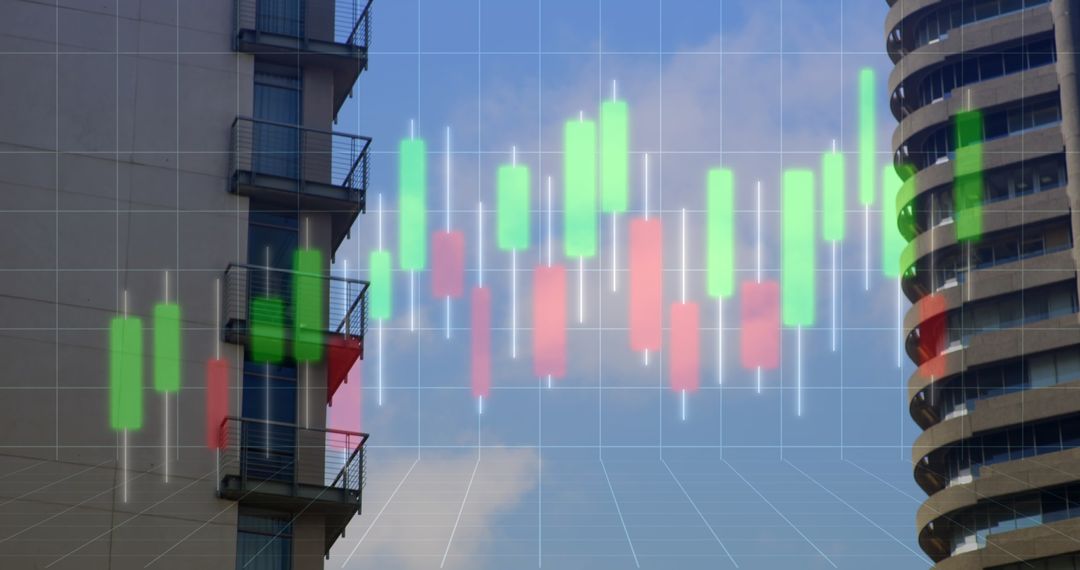 Candlestick Chart Overlay on Modern Urban Buildings