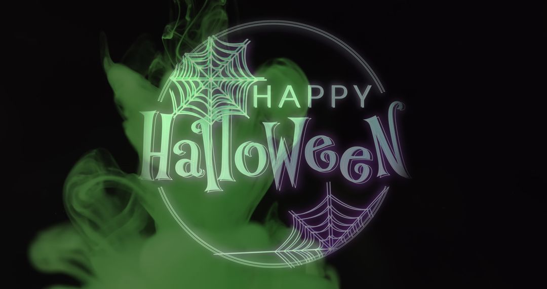 Spooky Happy Halloween Text with Green Smoke and Spiderweb