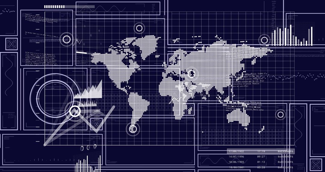 Global data interface with world map and digital graphs