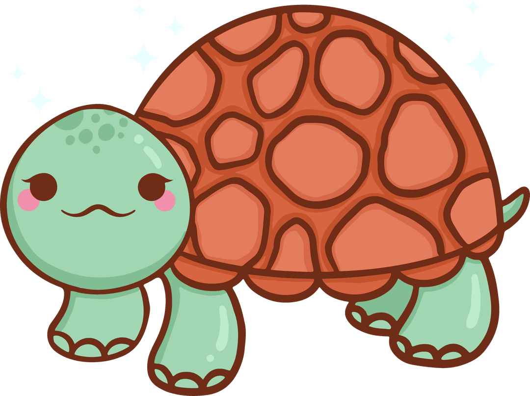 Kawaii Turtle with Orange Shell Floating on Transparent Background