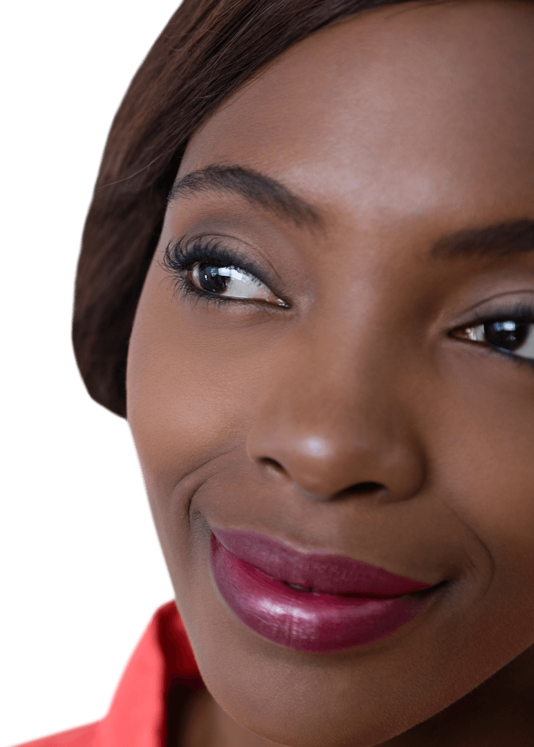 Transparent Contemplative Woman Looking Away with Soft Expression